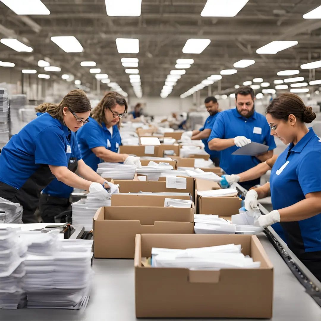 Workers in blue shirts sorting paperwork in a factory.