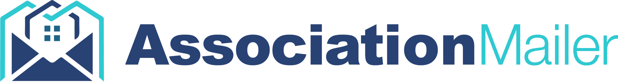 Logo of Association Mailer, featuring a stylized house icon on the left with a blue envelope shape, and the words "Association Mailer" in blue and teal on the right.